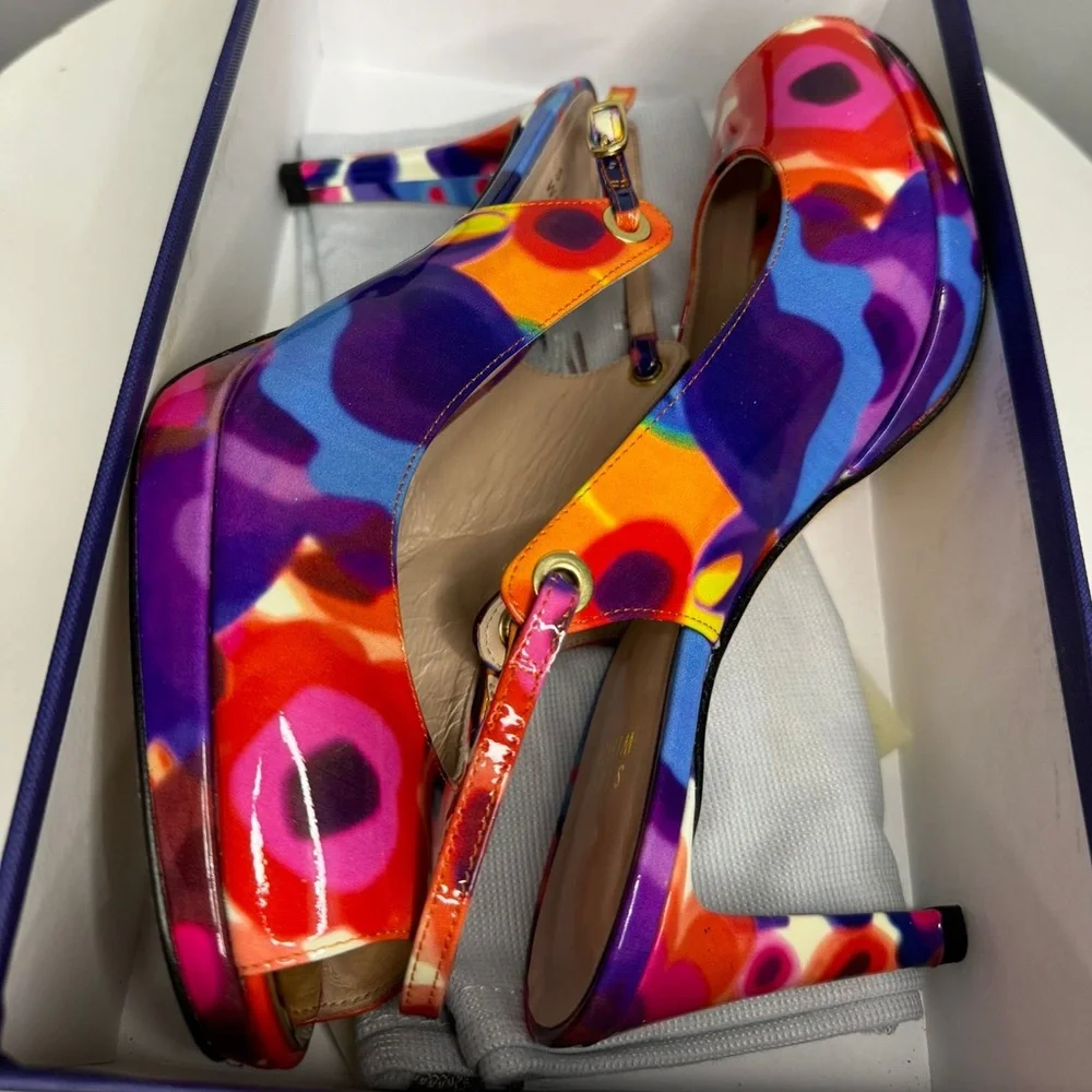 Stuart Weitzman Rinky Mod Patent Print Slingback Heels - Size 9.5M - Picture 7 of 10